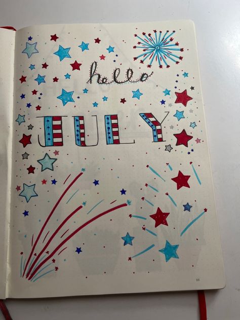 Month Scrapbook Ideas, July Journal Cover, 2023 Bullet Journal Cover, July Bullet Journal Cover, Bullet Journal Month Cover, Bujo Templates, July Bullet Journal, Calendar Doodles, Whiteboard Ideas