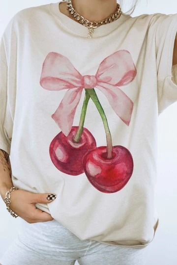 Graphic Tees – Market Street Boutique Cherry Shirt, Bow Shirts, Market Street, Cherry Print, Sewing Trim, Sheer Fabrics, Pink Bow, Casual Tops, Farmer