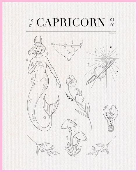 Tattoo Designs For Capricorns, December Capricorn Tattoo, Capricorn Tattoo Thigh, Capricorn Planet Tattoo, Delicate Capricorn Tattoo, Dainty Capricorn Tattoo, Capricorn Flash Tattoo, Saturn Tattoo Capricorn, Tattoo Ideas Capricorn Design