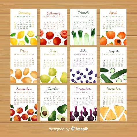 Calendar of seasonal vegetables and frui... | Premium Vector #Freepik #vector #fruits-vegetables #nutrition #monthly-calendar #vegetables-food Fruit Calendar, Food Calendar, Calendar Design Inspiration, Diy Kalender, Meal Calendar, Calendar Themes, Season Calendar, Watercolor Calendar, Creative Calendar