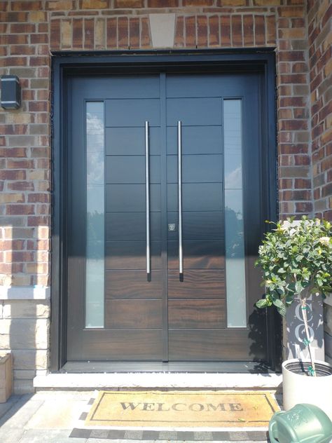 Double Front Entry Door Modern Design Stainless Steel Pull Bar - Modern Doors Home Front Double Door Design, Double Entry Doors Modern, Modern Double Entry Doors, Two Door Entrance Front Entry, Double Front Doors Modern, Front Double Doors Entryway, Main Door Design Modern Front Entry Double Door, Modern Front Double Door, Steel Door Design Modern