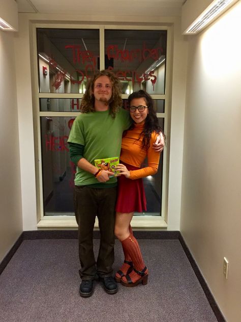 Couple Halloween costume.  Shaggy and Velma from scoobydoo! Shaggy And Velma Halloween Costumes, Velma Shaggy Costume, Shaggy Costume Men, Shaggy And Velma Costume Couple, Velma And Shaggy Costume Couple, Cute Velma Costume, Shaggy Costume Female, Shaggy And Scooby Costumes, Velma And Shaggy Costume