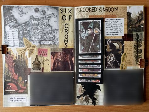 A full view of my Six of Crows and Crooked Kingdom reading journal spread :)) Crow Journaling, Six Of Crows Journal, Crow Journal, Annotated Books, Crow Books, Animated Art, Book Reading Journal, Crown Of Midnight, Sketchbook Inspo