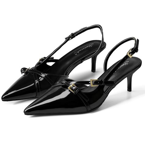 PRICES MAY VARY. 2-1/2" Kitten Heels: Experience elegance with our 2.36 inch low heels, designed to provide just the right lift for all-day comfort Black Heels: Stand out in our stunning black pumps. The vibrant color adds a bold touch to any outfit Slingback Heels: Enjoy breathable comfort with backless slingback pumps. The chic design elastic band ensures a secure fit, ideal for long days and stylish nights Pointed Toe Heels: Enhance your silhouette with our black pointy toe pumps. The sleek d Luxury Kitten Heels, Black Pointy Heels Outfit, Low Kitten Heels, Low Heels Black, Comfortable Kitten Heels, Black Leather Kitten Heels, Black Pointed Toe Kitten Heels, Black Heels Png, Kitty Heels Outfit