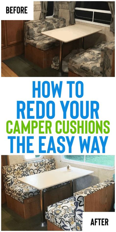 How To Reupholster Camper Cushions The Easy Way - Organization Obsesssed Reupholster Camper Cushions, Astuces Camping-car, Camper Cushions, Popup Camper Remodel, Camper Trailer Remodel, Camper Organization, Vintage Camper Remodel, Camper Hacks, Diy Camper Remodel