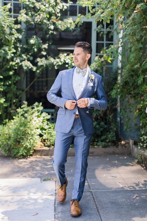 groom in blue grey suite with sage bow tie Garden Party Groom Suit, Spring Wedding Tuxedo, Pale Blue Groomsmen, Spring Tuxedo Wedding, Pastel Blue Tuxedo, Spring Wedding Suits For Men, Spring Wedding Groom Attire, Minister Outfit, Summer Wedding Groom