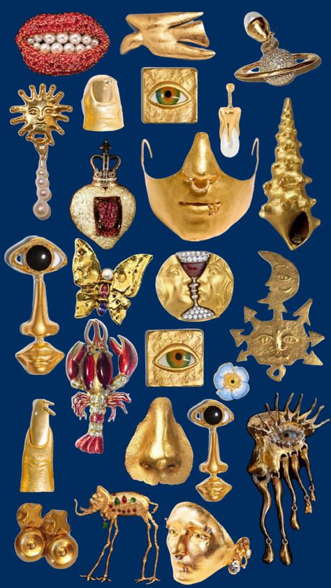 #schiaparelli #surrealism #jewelry #gold Schiaparelli Surrealism, Surrealism Fashion, Rennaissance Art, Antique Collectors, Collage Background, Ancient Mysteries, Graphic Wallpaper, Jewelry Gold, Artist Studio