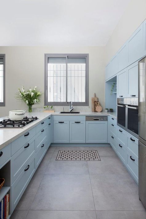 Blue Kitchen Concrete Floor, Light Blue Kitchen Cabinets With Black Countertops, Sky Blue Kitchen Ideas, Sky Blue Cabinets, Sky Blue And White Kitchen, Sky Blue Kitchen Cabinets, Kitchen Blue Floor, Pastel Blue Kitchen Cabinets, Sky Blue Kitchen