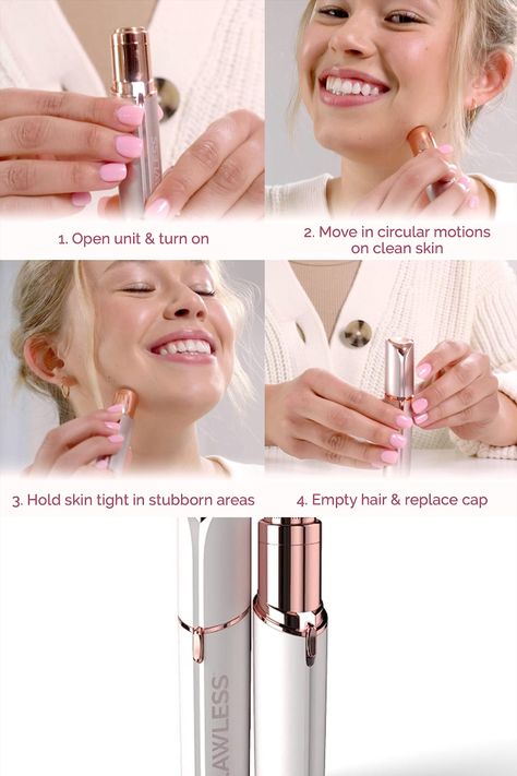 One Finishing Touch Flawless Facial Hair Remover, White/Rose Gold stainless steel bladed hair remover for women features 18 karat gold plating and LED light for precision
Use the face hair trimmer to instantly remove peach fuzz and hair from lips, chin, neck and cheeks or use as an eyebrow shaper to maintain flawless brows between, or instead of, waxing and plucking
Hypoallergenic  remove hair  by simply pressing to the face and making small circular motions, leaving skin smooth and hair-free. Face Razor For Women, Face Razor, Facial Hair Remover, Turmeric Vitamins, Painless Hair Removal, Wax Strips, Facial Hair Removal, Gold Beauty, Body Hair Removal