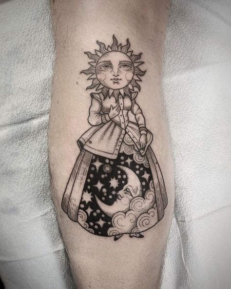 Suflanda on Instagram: “Winter solstice 2020 🌞🌛” Solstice Tattoo, Disney Inspired Tattoos, Pointillism Tattoo, Tattoo Shading, Light Tattoo, Latest Tattoos, Detailed Tattoo, Peonies Tattoo, Half Sleeve Tattoo