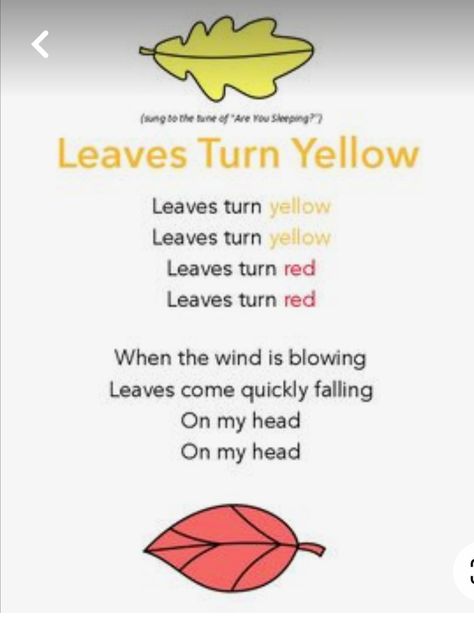 Leaf Songs Preschool, Fall Poems For Kids, Autumn Poems, Infant Lesson Plan, Classroom Songs, Songs For Toddlers, Color Songs, Kids Poems, Changing Leaves