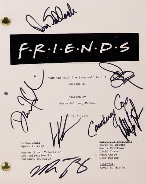 Friends cast signed script. Script for Friends, Season 6, Episode: “The One With The Proposal” Part I. Studio bound and bradded, multi-color (45+) page shooting script with tan cover. Printed cover features show title logo and “Final Draft”, dated “April 6, 2000”. Cover page is signed in pen by cast, including: Jennifer Aniston, David Schwimmer, Courtney Cox, Lisa Kudrow, Matthew Perry, Matt LeBlanc and episode guest star Tom Selleck. Friends Title, Friends Season 6, Star Tom, Friends Logo, Lisa Kudrow, Friends Best Moments, Friends (tv Series), Friends Scenes, Courtney Cox