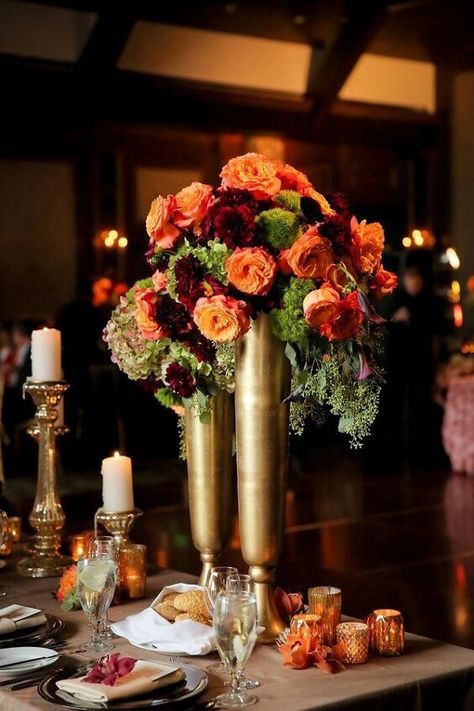 Bright Burgundy and Orange Fall Wedding Color Ideas - ColorsBridesmaid Burgundy And Orange Wedding, Orange And Gold Wedding, Fall Decorations Ideas, Orange Wedding Decorations, Autumn Wedding Food, Burgundy And Orange, Gold Wedding Centerpieces, Fall Wedding Centerpieces, Wedding Favors Fall