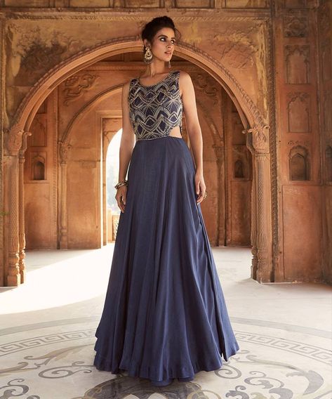 Gown With Daimond Cutout Back and Pyramid Embroidery. (1 Gown) Blue Indo Western Dress, Navy Blue Gown, Indo Western Gown, Embellished Gown, Blue Gown, Indian Couture, Ladies Gown, Gowns Online, Indian Fashion Designers