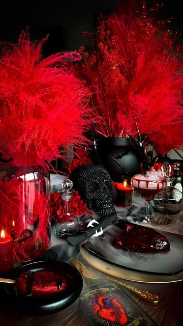 Vampire Party Centerpieces, Devil Halloween Decorations, Vampire Ball Decorations, Saints And Sinners Party Decorations, Vampire Theme Party Decoration, Angels And Devils Party Theme, Vampire Decorations Party Ideas, Vampire Ball Party, Vampire Party Food