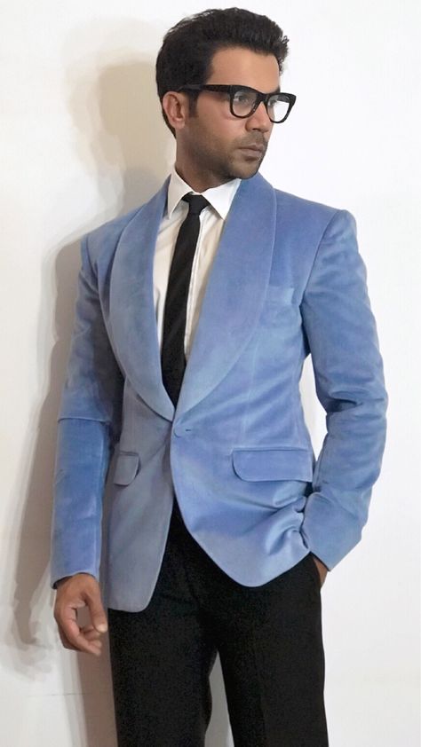 Rajkummar Rao looking slick in a Powder Blue Velvet Jacket and Black Trousers at the Hello Hall of Fame 2018. #SSHOMME #SSHOMMEBespoke #SSHOMMECelebs #Tuxedo #Suit #Jacket #BollywoodFashion #Menswear #MensFashion Powder Blue Blazer Outfit, White Wedding Suits For Men, Blazer Outfits For Men, Velvet Blazer Outfit, Rajkumar Rao, Blue Velvet Jacket, Blue Velvet Suit, Blue Blazer Outfit, Rajkummar Rao