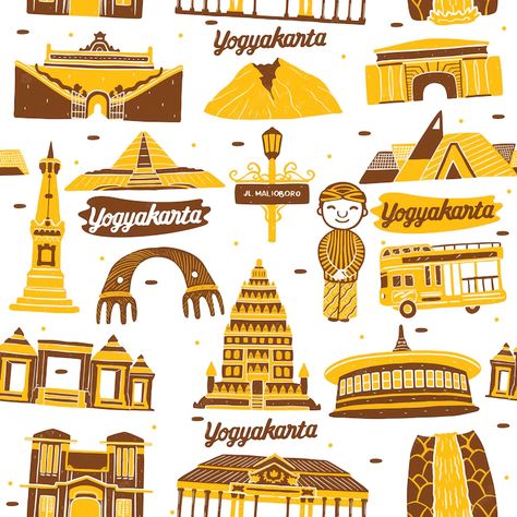 Premium Vector | Yogyakarta city seamless pattern with landmarks elements East Kalimantan, Cute Character, Traditional Dance, Flat Illustration, Yogyakarta, Cute Characters, Vector Photo, Peta, Image Illustration