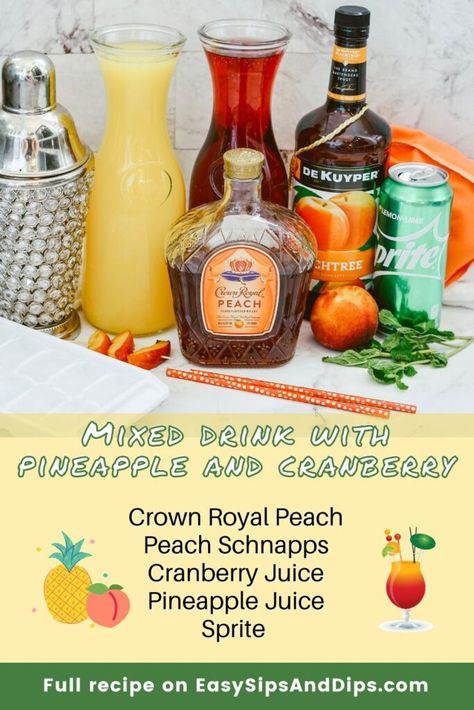 Royal Peach Cocktail - Easy Crown Peach Mixed Drink Crown Royal Recipes, Crown Drink, Crown Royal Peach, Shots Alcohol Recipes, Crown Royal Drinks, Peach Cocktail, Peach Drinks, Alcholic Drinks, Liquor Recipes