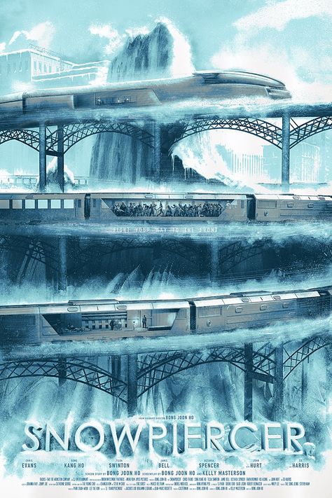 Chris Skinner - Snowpiercer Snowpiercer Movie, Post Apocalyptic Books, Movie Poster Prints, Apocalypse Movies, Building References, Retro Posters, Luxury Train, Train Art, Adventure Movies