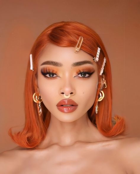 Orange Hair And Makeup, Orange Hair Makeup Looks, Winter Queen Makeup, Makeup For Orange Hair, Orange Hair Photoshoot, Ginger Hair Makeup Ideas, Orange Hair Makeup, Ginger Hair Makeup, Ginger Makeup Looks