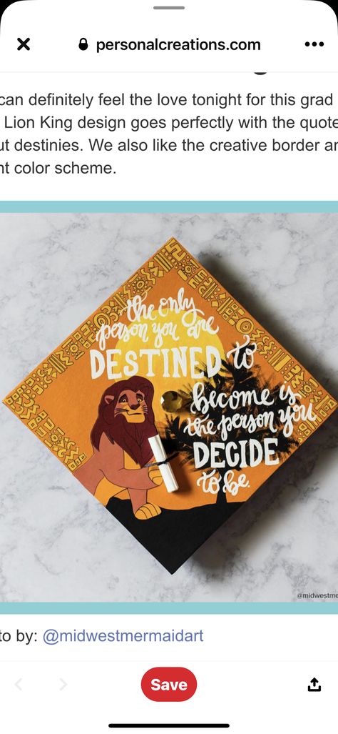 Lion King Cap Graduation, Anastasia Graduation Cap, Musical Theatre Graduation Cap, Tangled Themed Graduation Caps, Graduation Cap Designs Theatre, Lion King Broadway, Graduation Sash, King Design, Graduation Cap Designs