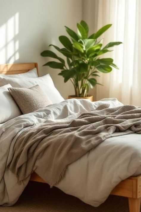 Sunlit bedroom with a neatly made bed, soft beige blanket, and a potted plant by the window. Sustainable Bedroom, Green Bedroom Aesthetic, Eco Friendly Bedroom, Green Bedding Set, Eco Friendly Bedding, Organic Cotton Bedding, Sleep Sanctuary, Organic Bedding, Bamboo Bedding