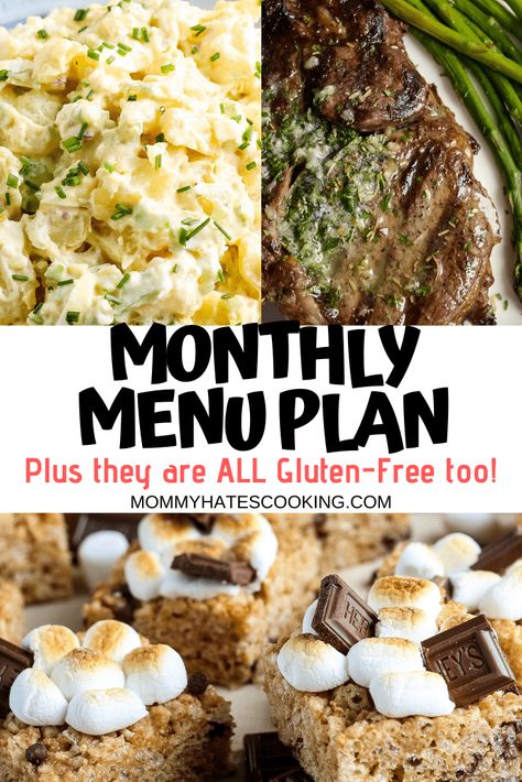 Get your menu ready to go with this Monthly Meal Plan, it's easy to prepare these recipes and they are all gluten-free optional! Gluten Free Menu Plan, Meal Planning Gluten Free, Gluten Free Menu Planning, Crash Hot Potatoes, Scalloped Potatoes Crockpot, Monthly Meal Plan, Teriyaki Chicken Skewers, Homemade Bisquick, Crockpot Breakfast Casserole