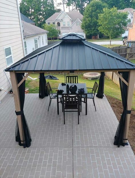 Concrete Patio With Gazebo, Patio With Gazebo, Outdoor Sitting Area Ideas, Sitting Area Ideas, Wooden Garden Gazebo, Outdoor Living Ideas, Outdoor Sitting, Outdoor Sitting Area, Backyard Pergola