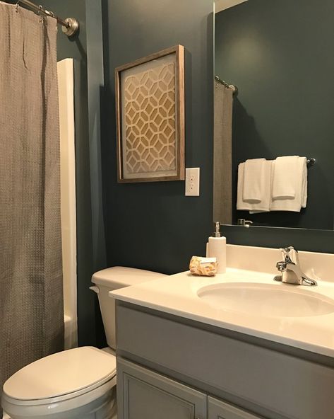 Interior Design | Guest Bathroom | Sherwin Williams Needlepoint Navy | Dipped Interiors Needlepoint Navy Sherwin Williams, Sherwin Williams Needlepoint Navy, Bathroom Sherwin Williams, Mountain Quail, Needlepoint Navy, Townhouse Ideas, Navy Bathroom, Interior Wall Colors, Bathroom Paint