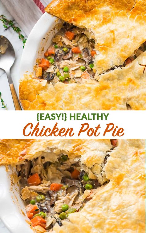 EASY Healthy Chicken Pot Pie from scratch! Homemade, low calorie (only 380 calories for a huge, creamy serving!), filling, and delicious! Packed with juicy chicken, fresh veggies, and topped with a golden, flakey crust. An easy, comforting weeknight dinner! {dairy free; clean eating} #wellplated #chickenpotpie Low Calorie Chicken Pot Pie, Chicken Pot Pie Easy, Pot Pie Easy, Healthy Chicken Pot Pie, Dairy Free Sauces, Low Calorie Chicken, Chicken Fresh, Pie Easy, Pot Pie Filling