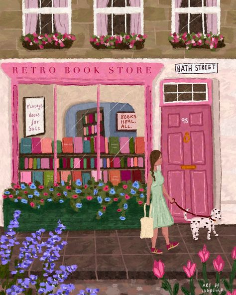 Book store illustration by Art By Isobelle Book Store Illustration, Store Illustration, City Of Bath, Feminine Art, My Signature, Artist Illustration, Illustrator Illustration, Spring Art, Illustrators On Instagram