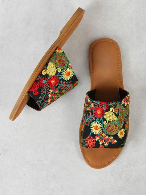 Flower Embroidered Slide Flat Sandal BLACK -SheIn(Sheinside) Embroidered Flat Sandals For Summer, Casual Embroidered Flat Sandals, Traditional Flat Sandals For Summer, Embroidered Sandals, Casual Floral Embroidery Slip-on Flats, Floral Embroidery Slip-on Flats, Indian Sandals, Hippie Shoes, Pom Pom Sandals