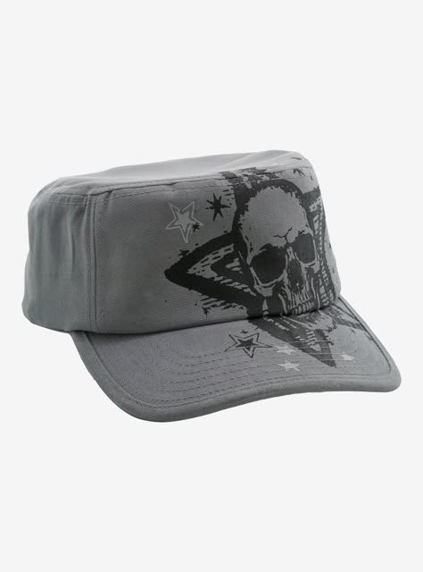 Go for the grunge look with this grey cadet hat! Featuring a skull centered in the middle of a star  with more stars all around.100% cottonImported Grunge Hats, Hats Png, Newspaper Boy Hat, Cc Clothing, Grunge Accessories, Cadet Hat, Cute Eye Makeup, Y2k Emo, Head Wear