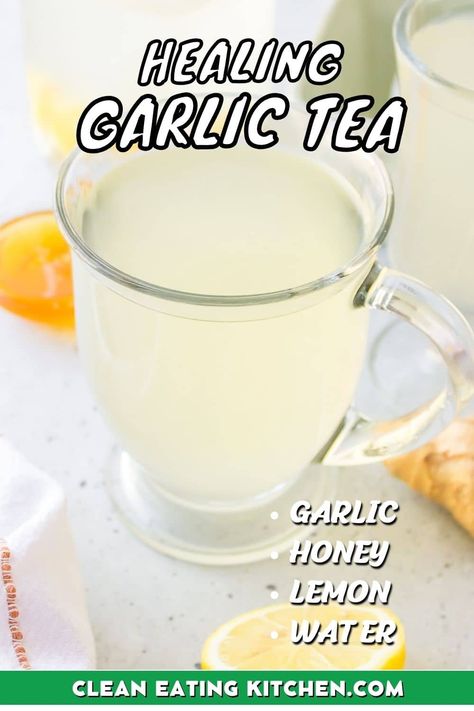 This Garlic Tea recipe is based on a traditional healing recipe for colds and sniffles. While the garlic flavor is potent, the overall flavor of this healthy tea recipe is balanced by other healthy ingredients including raw honey and lemon juice. Make this medicinal tea recipe the next time you are feeling under the weather! This herbal tea is easy to make and perfect for flu season. Garlic Tea For Colds, Medicinal Tea Recipes, Matcha Oat Milk, Inflammatory Drinks, Immune Boosting Recipes, Garlic Tea, Healthy Teas Recipes, Honey Remedies, Tea For Colds