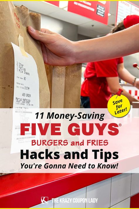 Looking for Five Guys hacks and money-saving tips to make your next visit cheaper? When you think about getting a cheap burger, Five Guys Burgers & Fries isn’t going to be the first place you think of — because they’re actually pretty expensive when compared to their fast-food brethren. If you’re craving a burger but don’t like the Five Guys prices, The Krazy Coupon Lady has done all the research to find the best deals, how to get free delivery, and details about their secret menu. Fast Food Secrets Club, Peanut Butter Burger, Five Guys Burgers, 5 Guys Burgers, Peanut Butter Milkshake, Burger Order, Milkshake Machine, Five Guy Burgers, 5 Guys