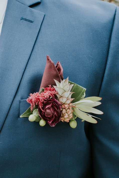 Groom's boutonniere, baby pineapple, burgundy ranunculus, pocket square //  Ashley Izquierdo Groom Flower Pin, Men Wedding Flower Pin, Groom Floral Pocket Square, Mens Wedding Flower Pins, Floral Wedding Lapel Pin Brooch, Pocket Square Wedding, Button Holes Wedding, Jewel Tone Wedding, Floral Pocket