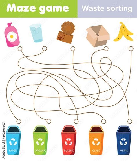 Grafika wektorowa Stock: Maze game for children. Connect waste and trash bin. Waste sorting theme activity for toddlers and kids | Adobe Stock в 2022 г Trash Sorting, Recycling Games, Fun Worksheets For Kids, Activity For Toddlers, Alphabet Kindergarten, Sorting Games, Game For Children, Maze Game, Theme Activity