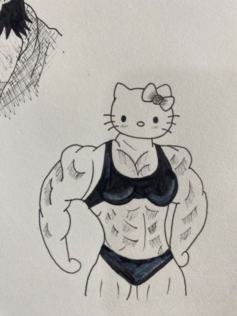 Muscular Hello Kitty Drawing, Hello Kitty Human Drawing, Grey Hello Kitty Wallpaper, Muscular Hello Kitty, Muscle Hello Kitty, Dibujos Sencillos Aesthetic, Sigma Drawing, Hello Kitty Sketch, Deck Drawing