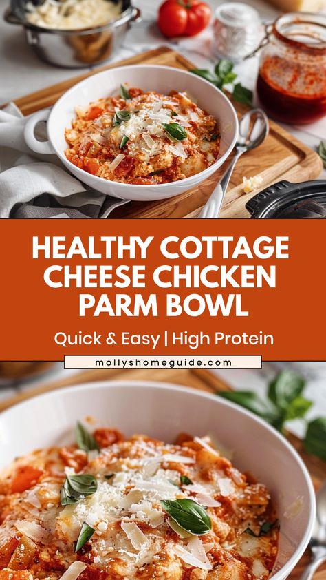 Indulge in a delicious and wholesome cottage cheese chicken parm bowl for dinner tonight! This easy-to-make meal is perfect for busy weeknights or cozy weekends at home. The juicy chicken paired with creamy cottage cheese creates a flavorful combination that will satisfy your taste buds. With simple ingredients and a quick preparation time, this dish is sure to become a family favorite. Treat yourself to this comforting and satisfying meal that is both nutritious and fulfilling. Try making this Chicken Recipes With Cottage Cheese, Chicken With Cottage Cheese Recipes, Chicken And Cottage Cheese, Cottage Cheese Parmesan Chicken Bowls, Cottage Cheese Dinner Ideas, Chicken Parm Bowl With Cottage Cheese, Cottage Cheese Chicken Parm, Chicken Parmesan Cottage Cheese Bowl, Buffalo Chicken Cottage Cheese Bowl