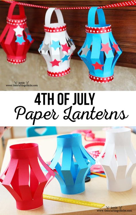 Paper Lanterns, 4th of July Style. This is a fun Kid's Craft for your upcoming 4th of July Festivities. And a great way to keep the kids busy. Kunst For Barn, Fourth Of July Crafts For Kids, Summer Camp Crafts, 4th July Crafts, Hiking Pictures, Patriotic Crafts, Daycare Crafts, Crafty Kids, 4th Of July Decorations