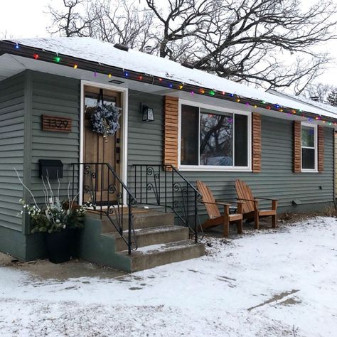 Modern Wood Shutters, Green Vinyl Siding, Modern Shutters, Brown Roofs, Mobile Home Exteriors, Mobile Home Renovations, 1960s Home, Gray House, Home Exterior Makeover