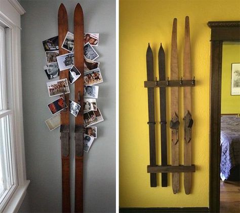 Antique Skis and Poles - Ski Country Antiques & Home Ski Headboard Diy, Ski Repurpose, Skis On Wall Decor, Old Skis Ideas, Vintage Ski Decor, Antique Skis, Vintage Skis, Old Skis, Wedding Table Seating Chart