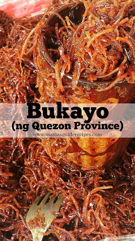 Bukayo Recipe is a Filipino dessert made from shredded young coconut meat and cooked into caramelized buko juice and brown sugar Bukayo Recipe, Buko Juice, Filipino Merienda, Pinoy Kakanin, Pinoy Merienda, Filipino Kakanin, Quezon Province, Bibingka Recipe, Filipino Dessert Recipes