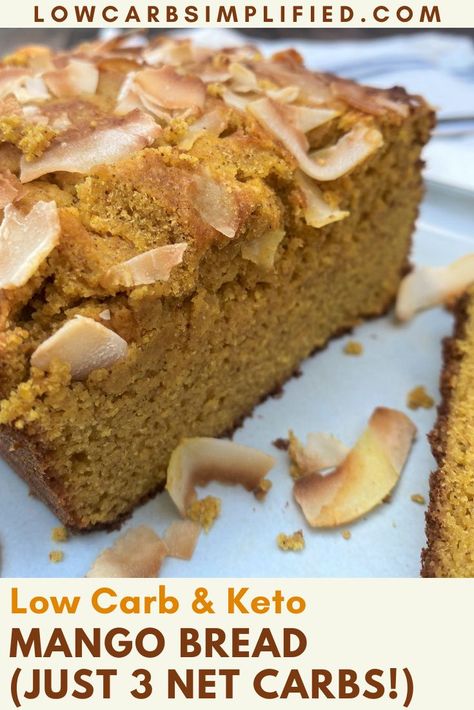 With this low-carb mango bread, you don't have to go mango-free while on a low-carb or keto diet. It's deliciously moist, sweet, and tropical tasting! Keto Mango Dessert Recipes, Keto Mango Recipes, Breakie Ideas, Filling Breakfast Recipes, Chocolate Chip Bread Recipe, Mango Bread, Keto Chocolate Mug Cake, Lemon Yogurt Cake, Chocolate Chip Zucchini Bread