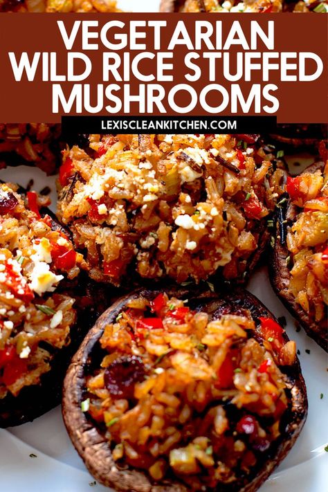 1 reviews · 55 minutes · Vegetarian Gluten free · Serves 4 · Vegetarian or not, you’re going to love these meatless holiday-inspired Wild Rice Stuffed Portobello Mushrooms. These stuffed mushrooms are stuffed with wild rice, cranberries, walnuts and red pepper… More Wfpb Stuffed Mushrooms, Wild Rice Stuffed Mushrooms, Wild Rice Stuffed Peppers, Vegetarian Stuffed Portabella Mushrooms, Fancy Vegetarian Dinner, Vegetarian Thanksgiving Sides, Vegetarian Stuffed Mushrooms, Stuffed Mushrooms Vegetarian, Portabella Mushrooms Recipes