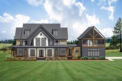 Architectural Designs on Instagram: "Anyone else loving this new Farmhouse plan? 😍😍⁠ ⁠ Modern Farmhouse Plan #46466LA has the DREAM wrap-around porch, as well as an optional man-cave that features a covered porch!⁠ ⁠ The serene owner's suite features a private porch and sitting nook, along with a 5-fixture bathroom and walk-in closet.⁠ ⁠ ⁠ 📐 4,676 Sq Ft⁠⁠⁠⁠ 🛏 5 Bedrooms⁠⁠⁠⁠ 🛁 4.5+ Bathrooms⁠⁠⁠⁠ 🚗 3 Car Garage⁠⁠⁠⁠ 📏 108’-0” Wide x 71’-0” Deep⁠⁠⁠⁠ ⁠ Head over to the Link in Bio or www.archi 5 Bedroom House Plans, Wraparound Porch, 5 Bedroom House, Farmhouse Plan, Modern Farmhouse Plans, Bedroom House Plans, Farmhouse Style House, Farmhouse Plans, Dream House Plans