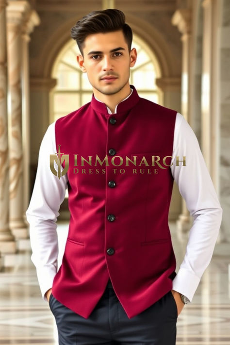 Shop Red Mens Nehru Waistcoat - InMonarch Nehru Waistcoat, Nehru Jacket For Men, Mens Waistcoat, Collar Vest, Nehru Jacket, Mens Casual Dress Outfits, Nehru Jackets, Mens Casual Dress, Red Outfit