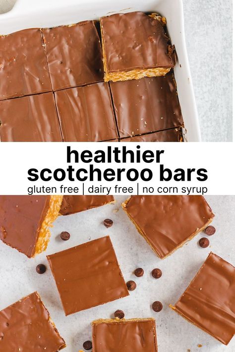 pan of scotcheroo bars with individually cut scotcheroo bars Healthier Scotcheroos, Clean Eating Dessert, Scotcheroos Recipe, Clean Eating Dessert Recipes, Clean Desserts, 2024 Recipes, Chewy Granola, Clean Eating Desserts, Thm Desserts