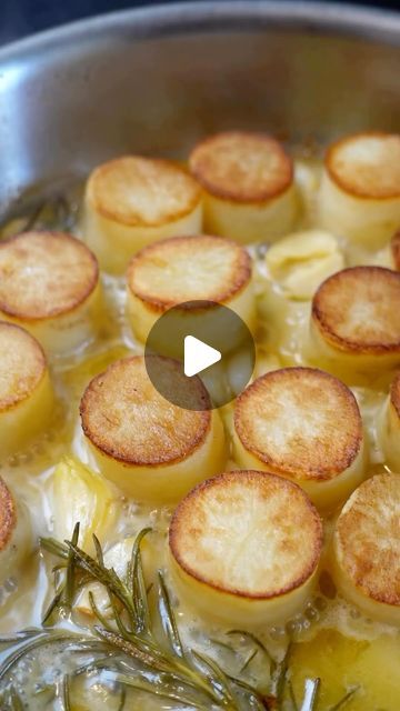 @plantbased on Instagram: "Follow @plantbased How to make fondant potatoes ⬇️  Fondant potatoes are a traditional French side dish where you cut russet potatoes into rounds or squares and then cook in butter, garlic, aromatics and chicken stock. It is a dish you won’t find too often these days, but is impressive and delicious to all guests you may be cooking for.  Ingredients: * 4 russet potatoes, peeled and cut into 1 inch rounds * 10 garlic cloves, smashed * salt and pepper * avocado oil * 4 tbsp butter * 2 sprigs rosemary * 4 sprigs thyme * 1/2 cup chicken stock  Instructions:  STEP 1. Peel potatoes, trim ends, and cut in half crosswise. You should now have 8 flat potato rounds. Place in a large bowl and cover with cold water. Soak for 20 minutes.  STEP 2. Arrange oven rack in the middl French Side Dishes, Russet Potato Recipes, Fondant Potatoes, Gooey Cake, Chocolate Pudding Cake, Classic French Dishes, Low Carb Side Dishes, Pudding Cake, Peeling Potatoes