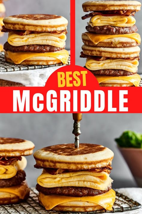 This Homemade McGriddle has a fluffy egg, sausage, bacon, and metly cheese sandwiched between two buttery pancakes. And this McGriddle recipe takes under 30 minutes to make! Honestly, you won't find a better copycat McGriddle than this. Mcgriddle On Blackstone, How To Make Mcgriddle Pancakes, Loaded Pancakes Breakfast Recipes, Mcgriddle Recipe Copycat Easy, Copycat Mcdonald’s Mcgriddle, Homemade Mcdonald’s Mcgriddles, Mcdonald Mcgriddle Recipe, Griddle Breakfast Sandwich, 30 Minute Breakfast Recipes